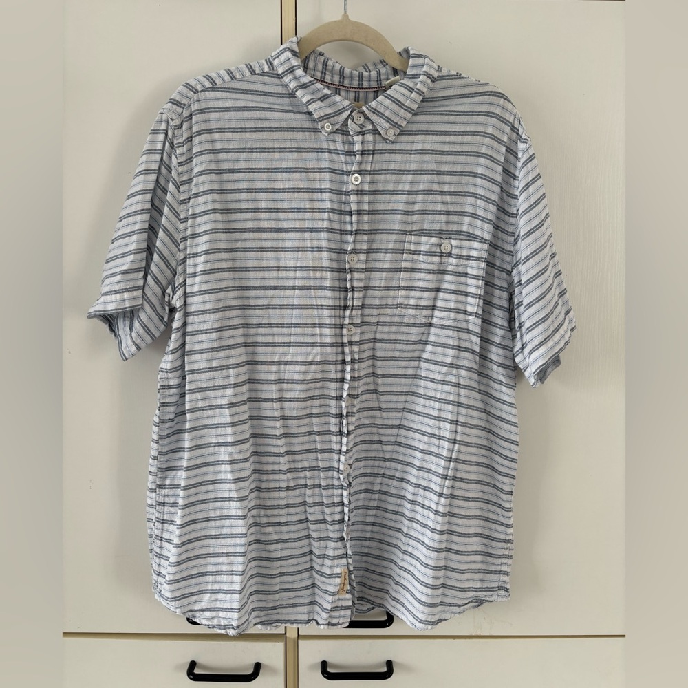 Weatherproof Men XL Striped Button Down Shirt Blue White Washable Linen Spring